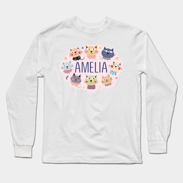 Amelia name with cartoon cats Long Sleeve T-Shirt by WildMeART